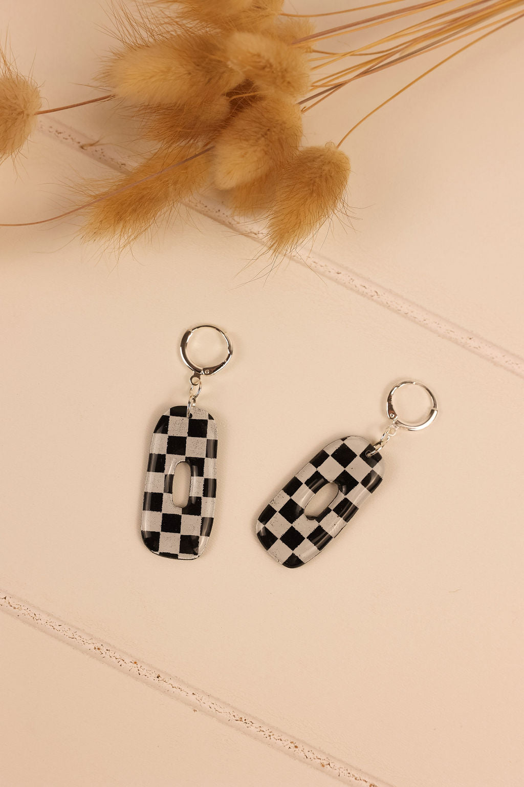 black and white checkered earring. Checkered polymer clay earring. Retro funky clay earring.