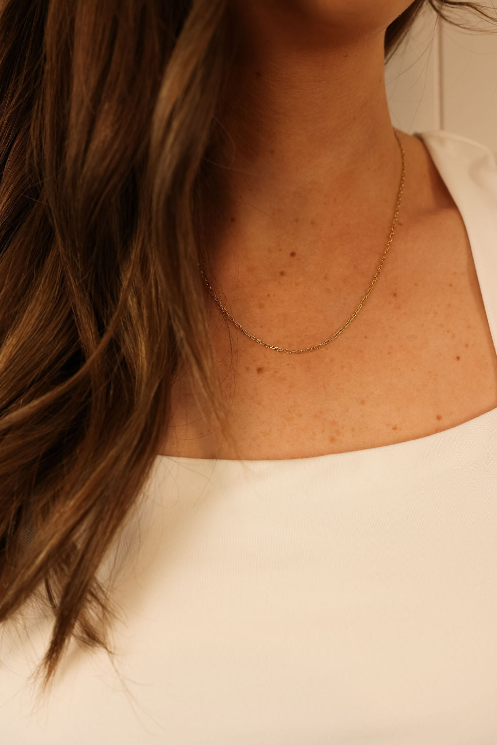 Gold delicate chain necklace worn by model.