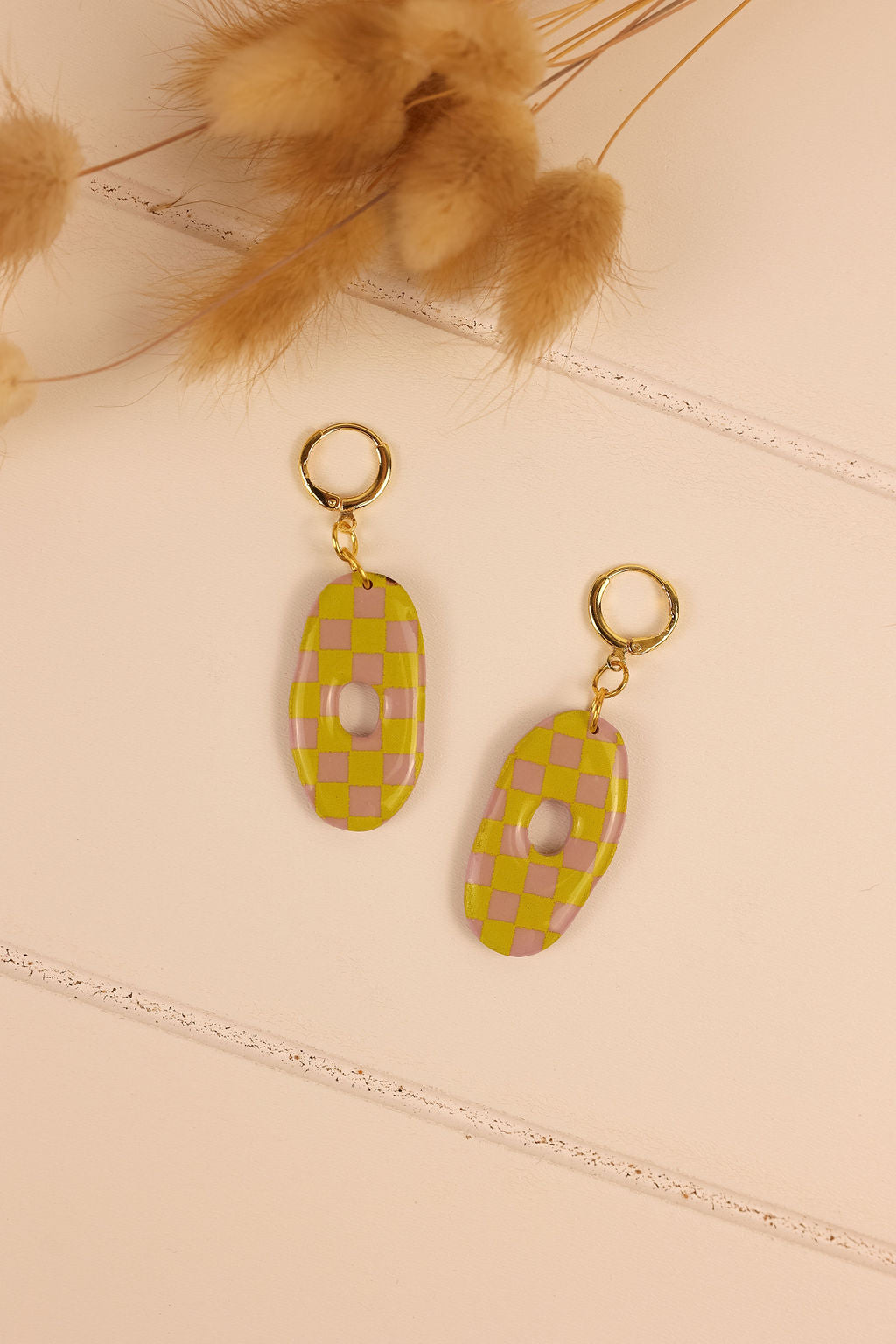 checkered funky earring. Lilac and lime checkered earring. Handmade funky retro polymer clay earring.