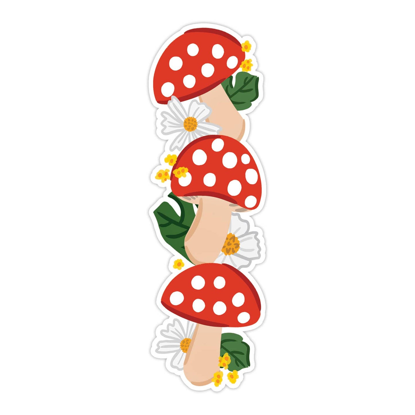Red and white mushroom bookmark with white flowers and green leaves.