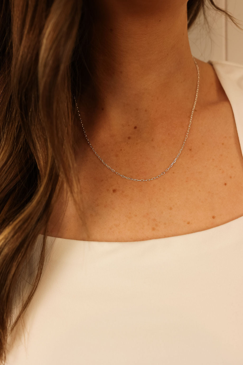Silver delicate chain necklace worn by model.