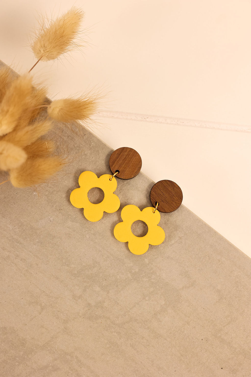 Yellow funky flower earring. Retro polymer clay yellow flower earring.