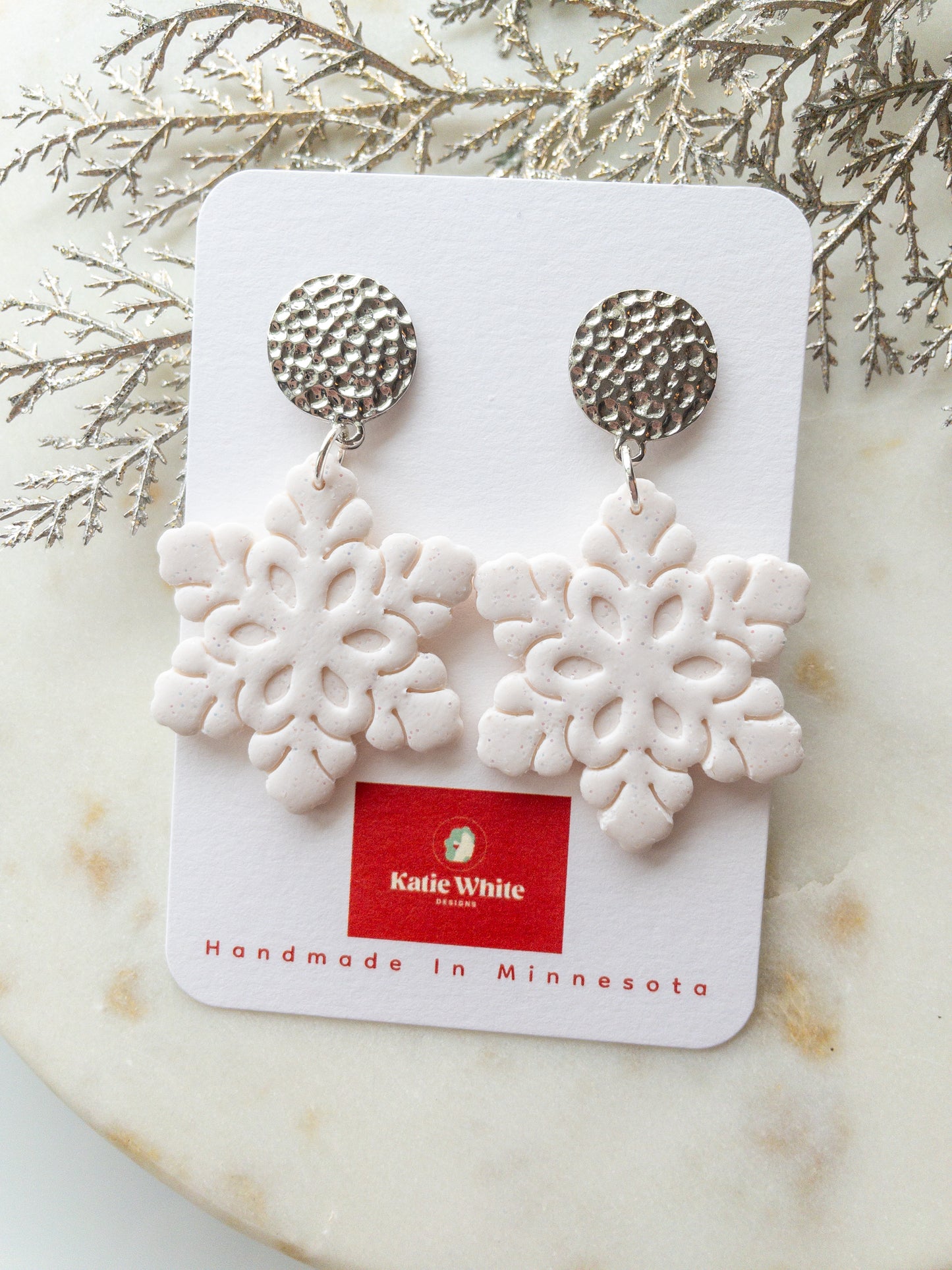 clay earrings | white glitter snowflake drop