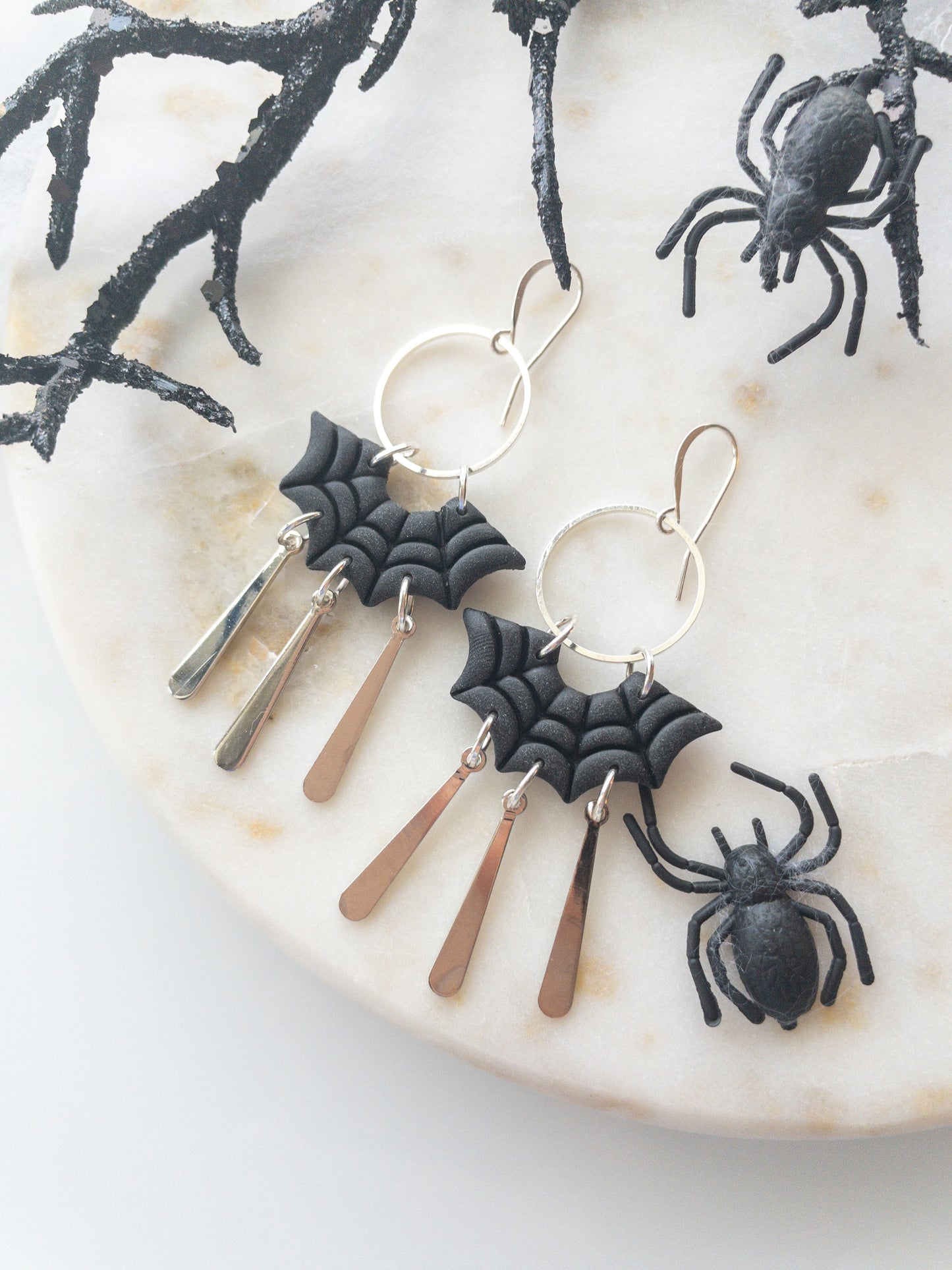 clay earrings | spider web dangle