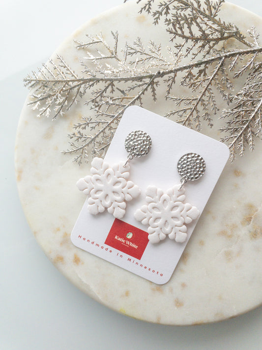 clay earrings | white glitter snowflake drop