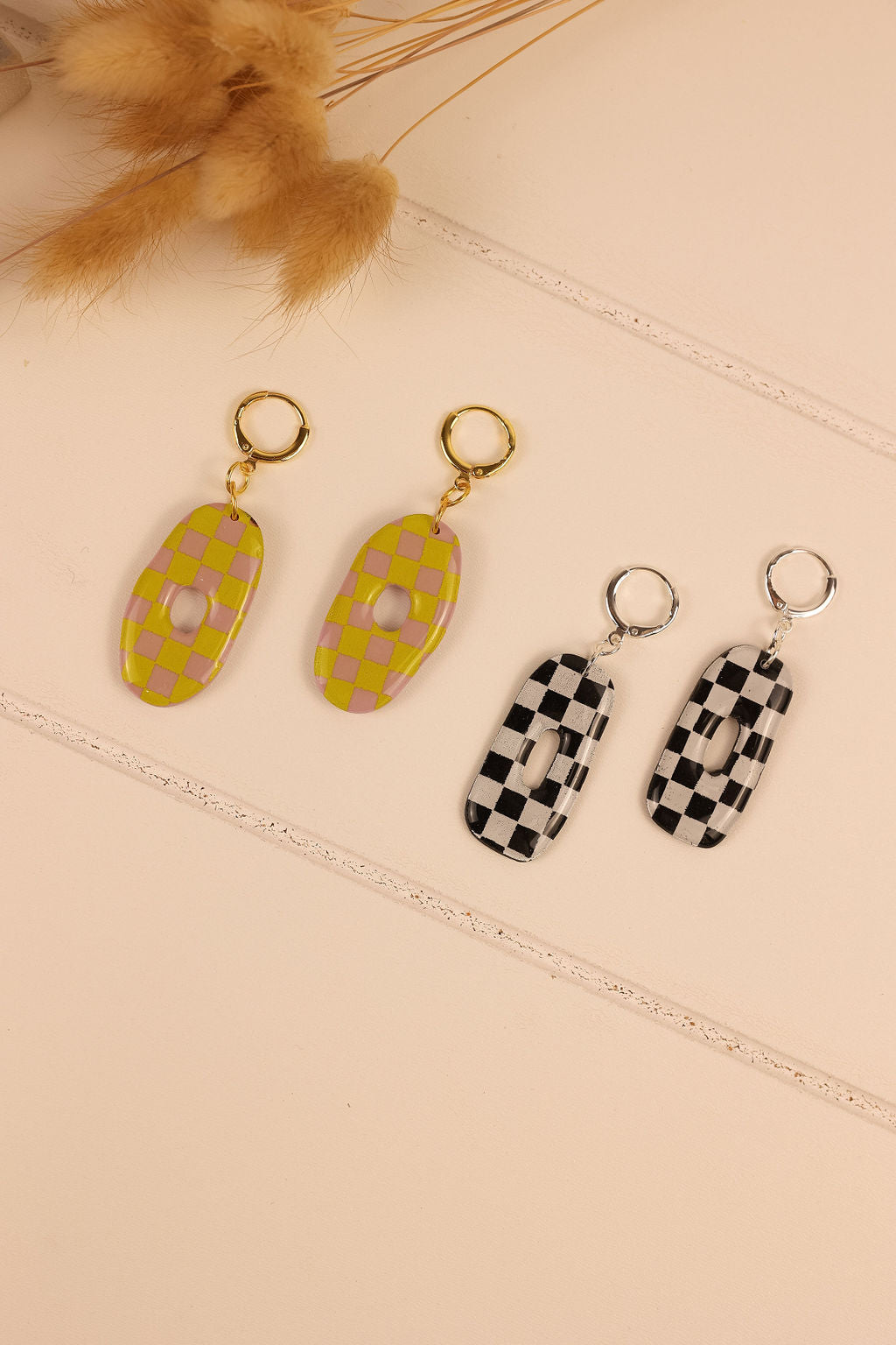 Checkered polymer clay earring. Checkered huggie earring. Funky retro checkered earring.