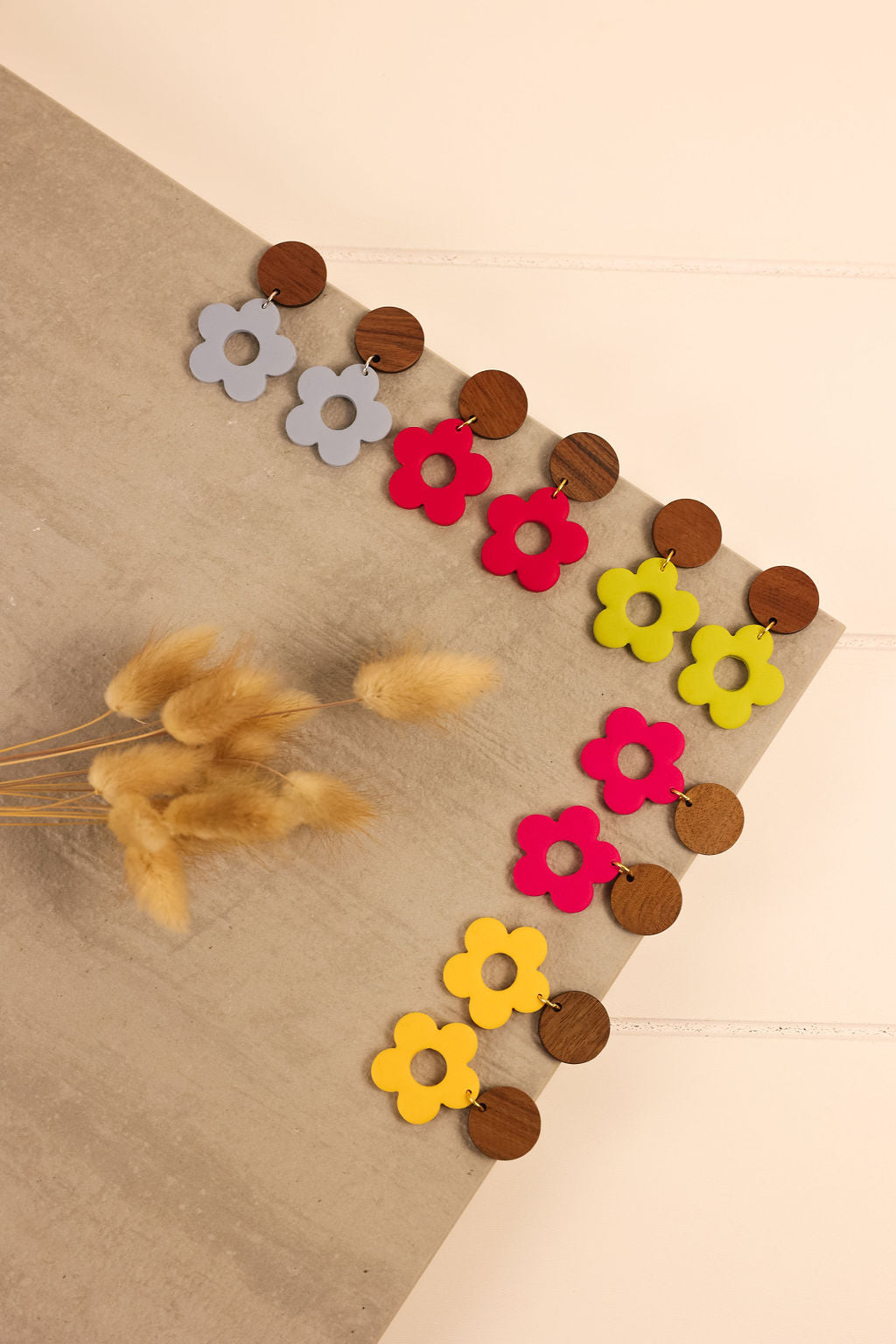 Colorful flower shaped earrings. 