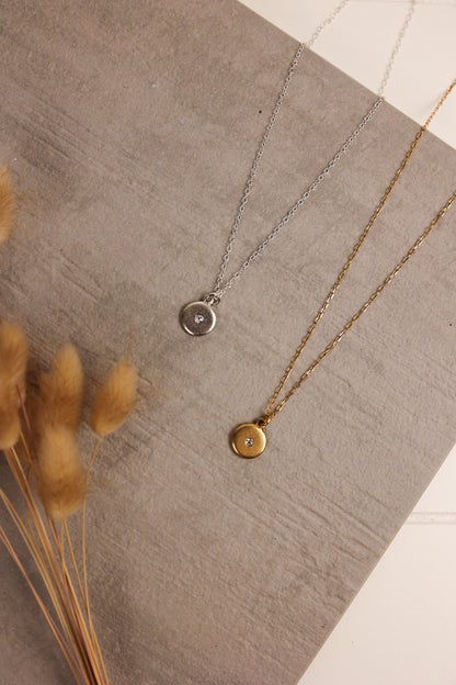 A crystal disc necklace with a tiny clear crystal in the center, displayed on a textured grey background, alongside a pair of dry reeds. The necklace is available in gold and silver colors.