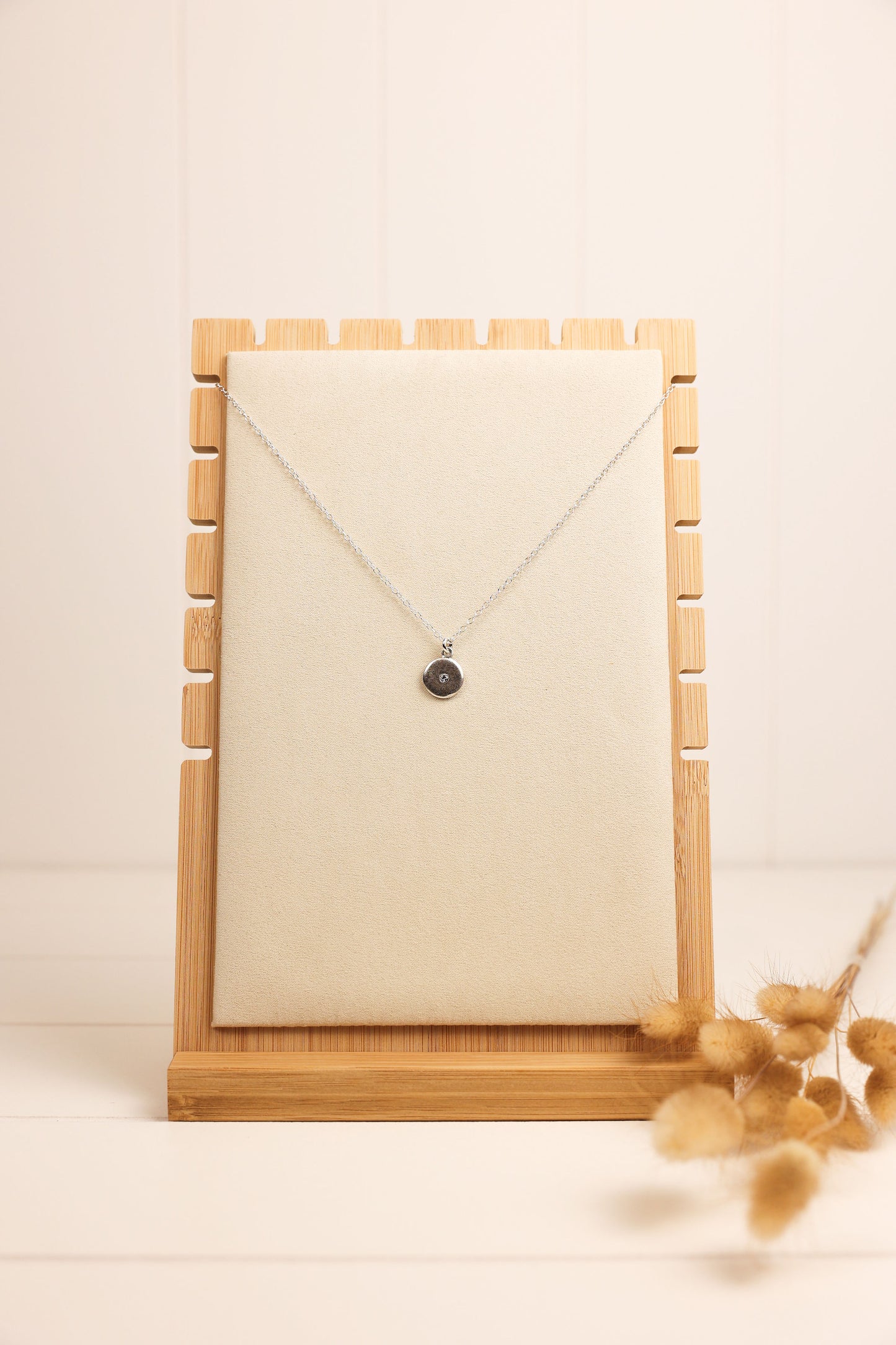 A crystal disc necklace with a tiny clear crystal in the center, displayed on a textured grey background, alongside a pair of dry reeds. The necklace is available in gold and silver colors.