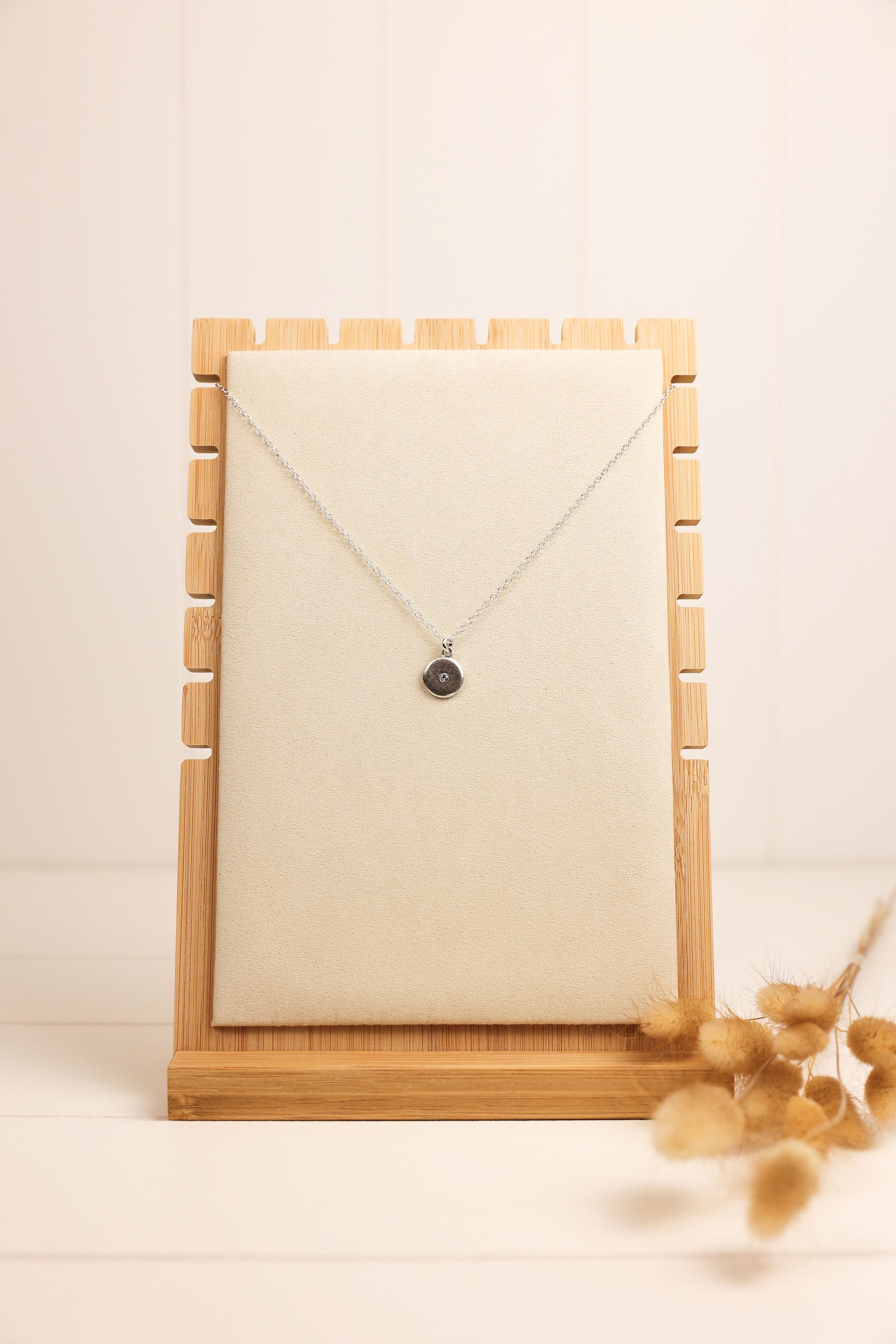 A crystal disc necklace with a tiny clear crystal in the center, displayed on a textured grey background, alongside a pair of dry reeds. The necklace is available in gold and silver colors.