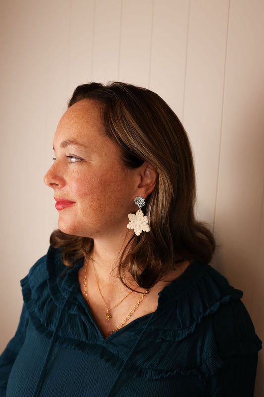 Polymer clay snowflake earring. Handmade statement earrings. 