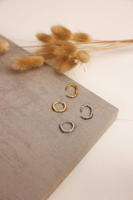 Tiny rainbow hoops | gold + silver