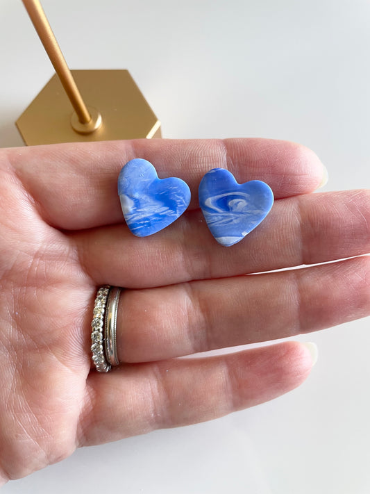 clay earrings | blue wave heart studs *clip on option*